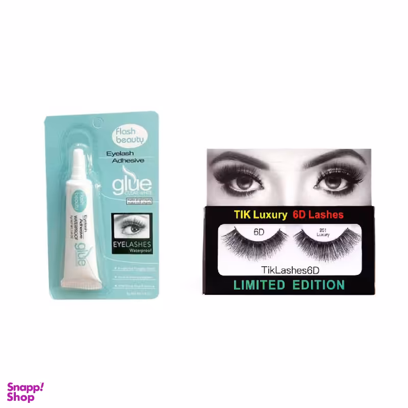 چسب مژه مصنوعی فلش بیوتی (Flash Beauty) مدل Adhesive وزن 7 گرم به همراه مژه مصنوعی تیک لاکچری مدل 251 مجموعه 2 عددی
