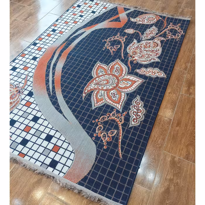 گلیم  ماشینی طرح فانتزی  سرمه ای  نارنجی زیبا سایز  گلیم 4 متری مناسب آشپزخانه و تراس، با کیفیت بالا و درجه یک(