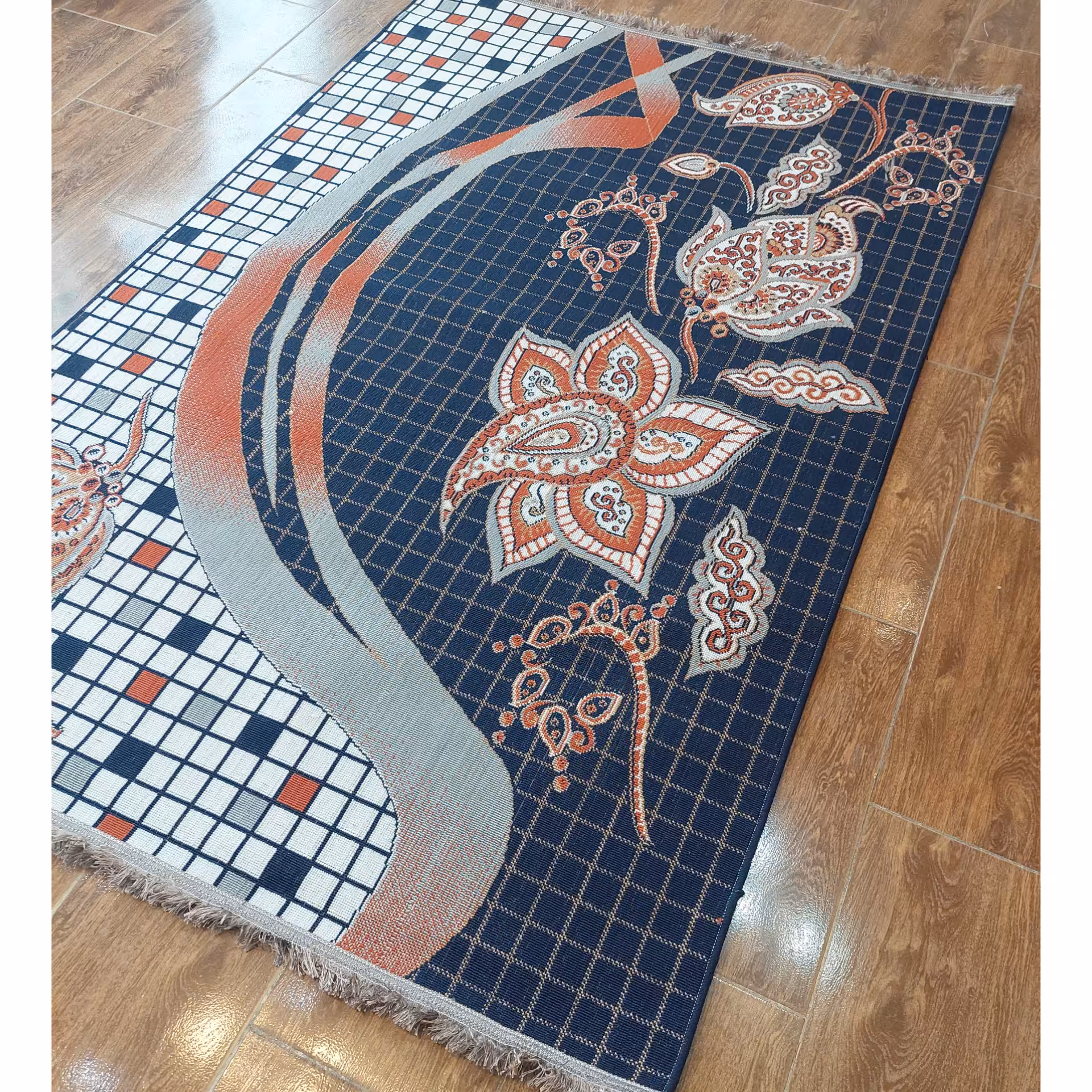 گلیم  ماشینی طرح فانتزی  سرمه ای  نارنجی زیبا سایز  گلیم 4 متری مناسب آشپزخانه و تراس، با کیفیت بالا و درجه یک(