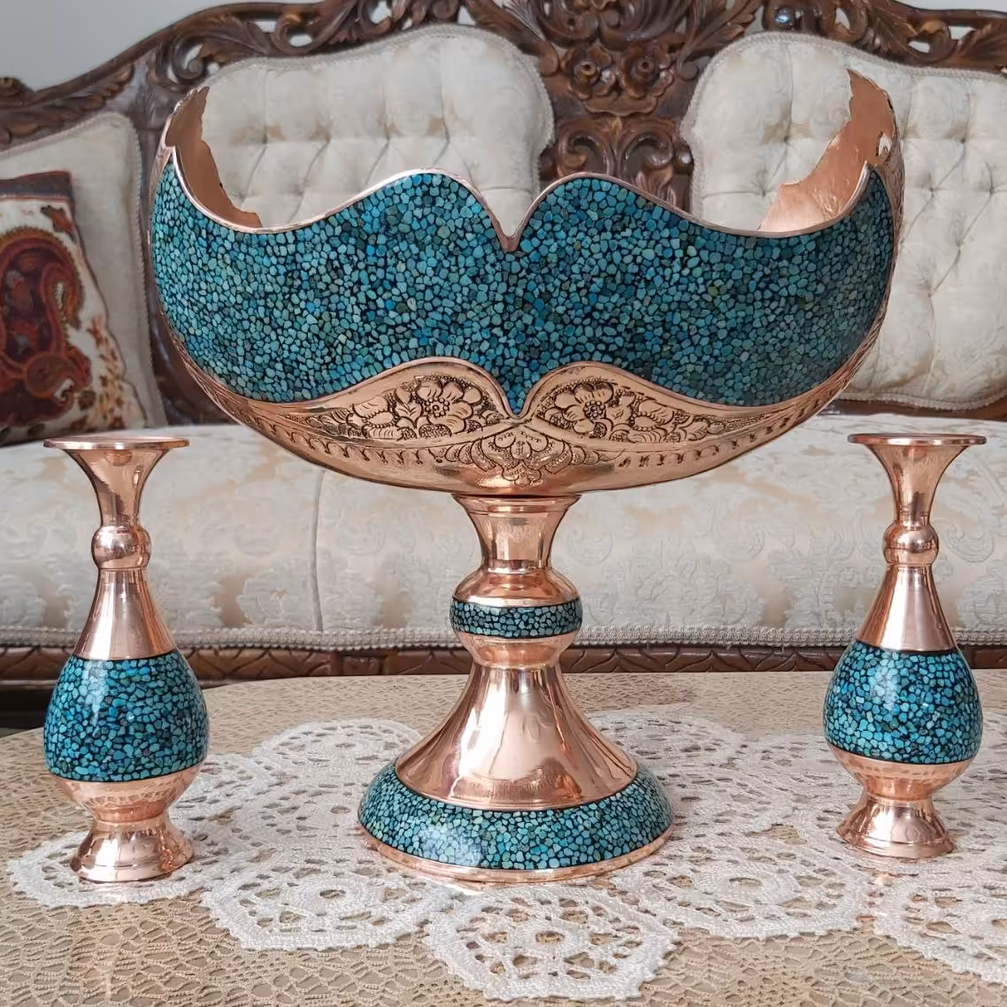کشکول مس چکشی قلمزنی وشبکه فیروزه کوب سایز 4