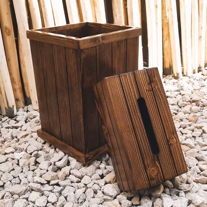 سطل و جای دستمال کاغذی چوبی