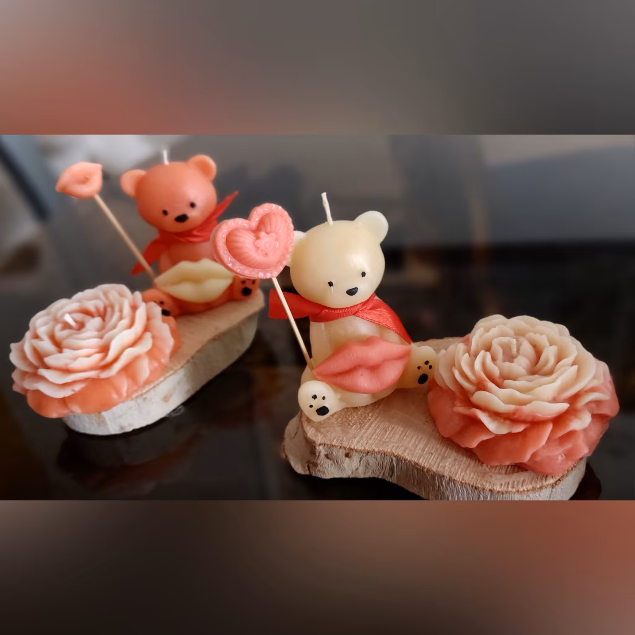 شمع تدی با استند چوبی و گل الاله