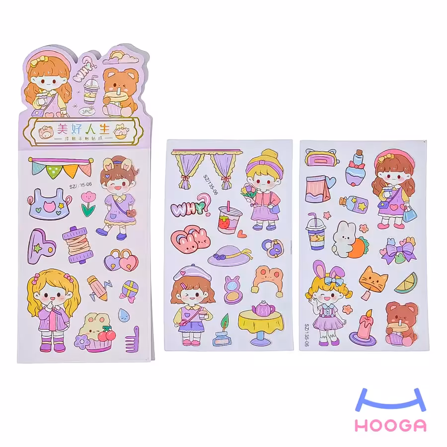 استیکر فانتزی شفاف 3 ورقی سری دختر کیوت طرح 1