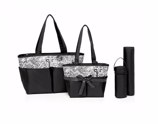 ساک لوازم 4 تیکه مشکی سفید | black diaper bag