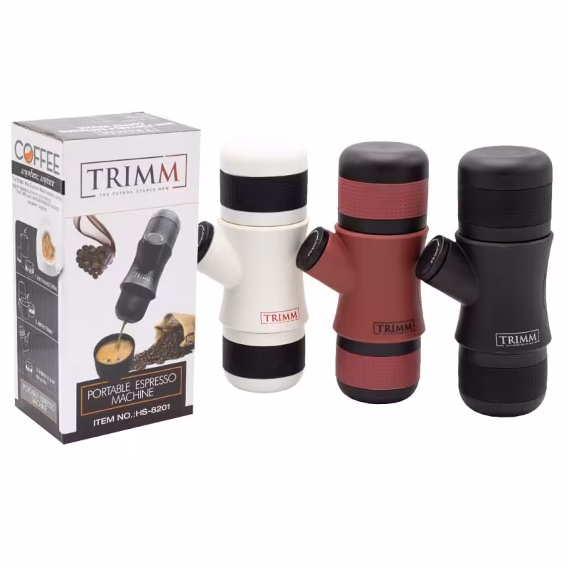 مینی پرسو تریم مدل Trimm HS-8201 اسپرسوساز مسافرتی رنگ سبز زرد آبی و کرم قهوه ای