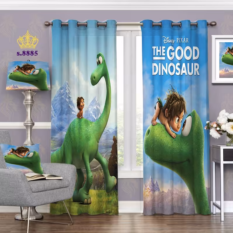 پرده اتاق خواب کودک  دو قواره پانچ آماده طرح دایناسور  خوب کد S8885
