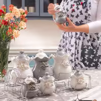 پا سماوری و جای ادویه تانگو 7 پارچه با استند استیل لب طلا گل برجسته