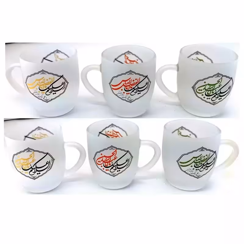 103232-لیوان شیشه ای دسته دار مات محرم 2طرف چاپ یا حسین ع و یا عباس ع رنگ های مختلف-ماگ مذهبی قطر دهانه 8ارتفاع 9سانت