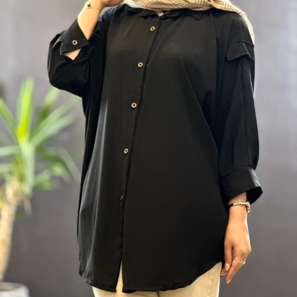 مانتو پانچ زنانه مشکی آستین جیب دار جنس کرپ نخ ترک اعلا بدون آبرفت کیفیت عالی فری سایز 36 تا 48