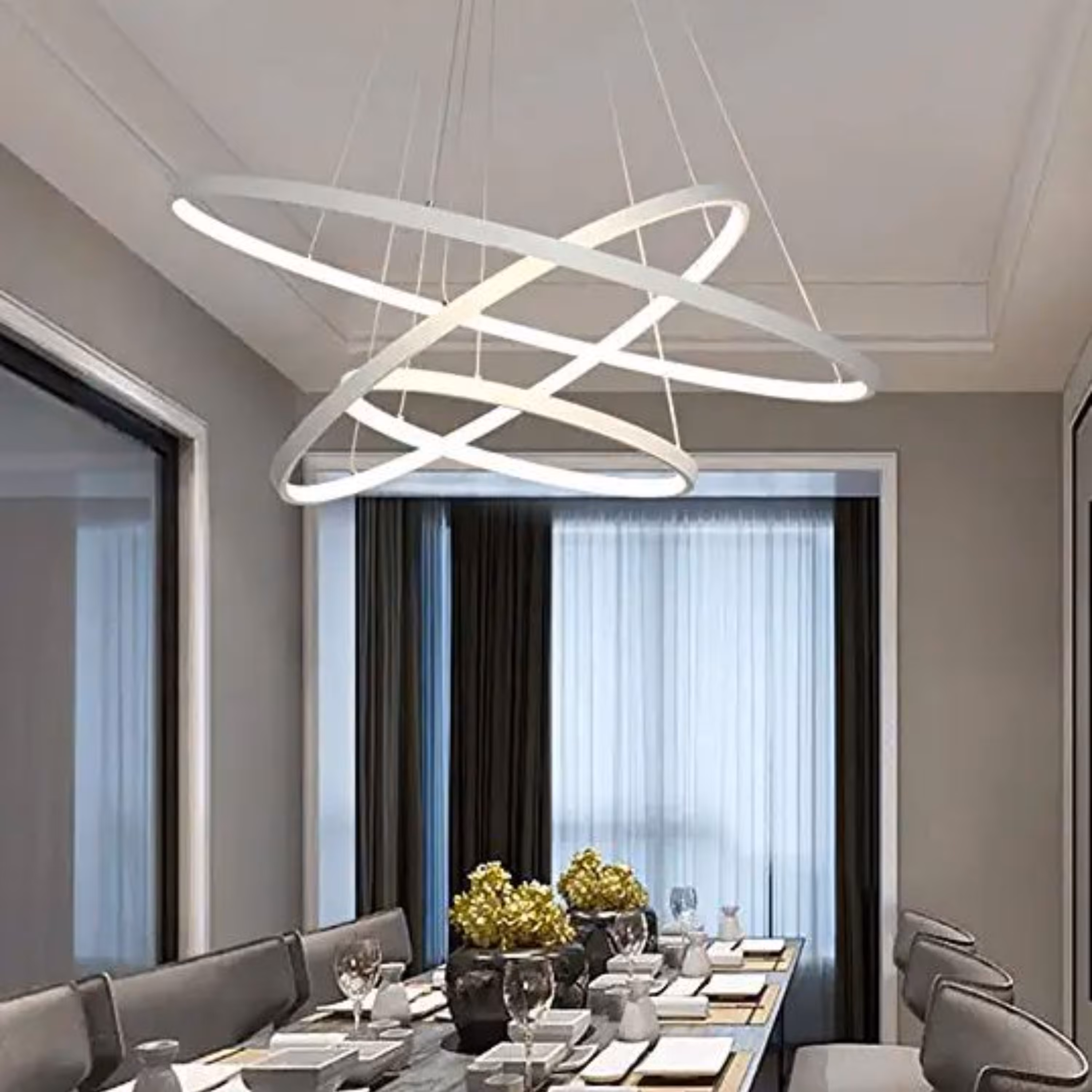 لوستر مدرن هوشمند vip سفارشی چهارحالته اپ موبایل با ریموت دیمر طرح سه دایره رنگ بدنه سفید