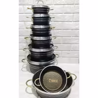 سرویس قابلمه و تابه گرانیتی 14پارچه گلدونی طرح چدن دسته و قپه طلایی اسبیکو