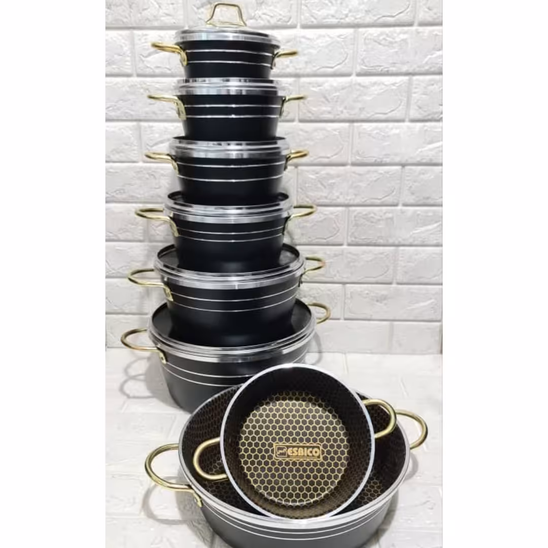 سرویس قابلمه و تابه گرانیتی 14پارچه گلدونی طرح چدن دسته و قپه طلایی اسبیکو