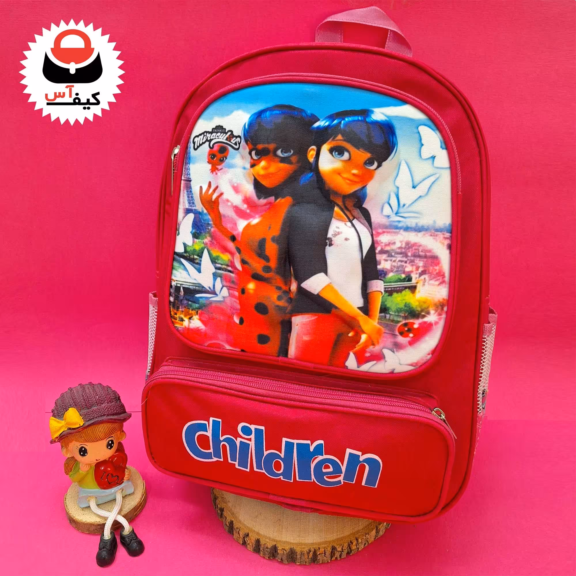کیف مدرسه دبستانی دخترانه طرح عروسکی برجسته دختر کفشدوزکی جنس اعلا شیک و جادار با قیمت شگفت انگیز