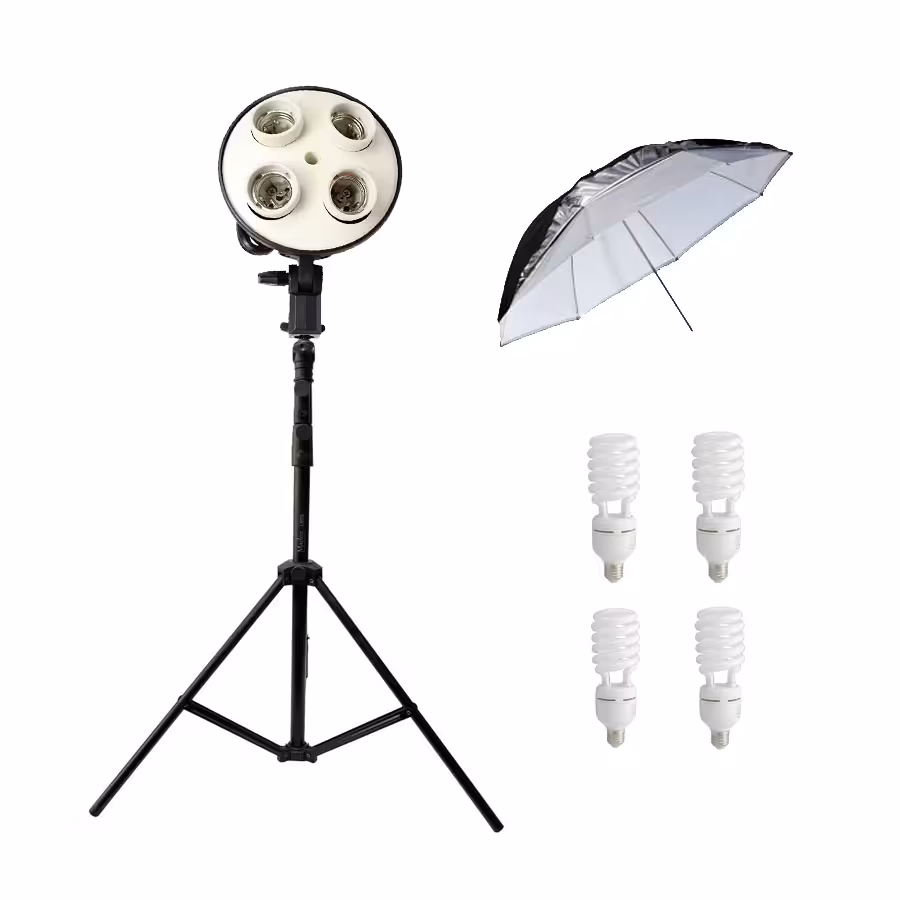 نور ثابت پروژکتور 4 لامپ به همراه چتر بازتابی نقره‌ای-مشکی 90cm ، پایه 805 و 4 عدد لامپ عکاسی