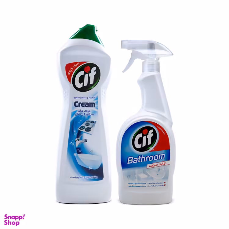 اسپری تمیزکننده سطوح حمام و دستشویی سیف (Cif) به همراه مایع کرمی پاک کننده چند منظوره سطوح سیف مجموعه 2 عددی
