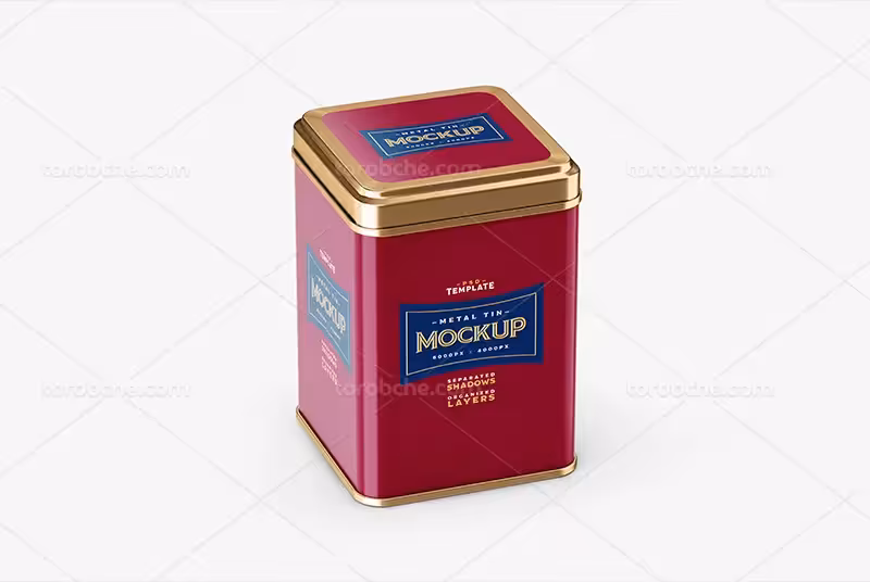 موکاپ لایه باز قوطی فلزی چای | گرافیک با طعم تربچه