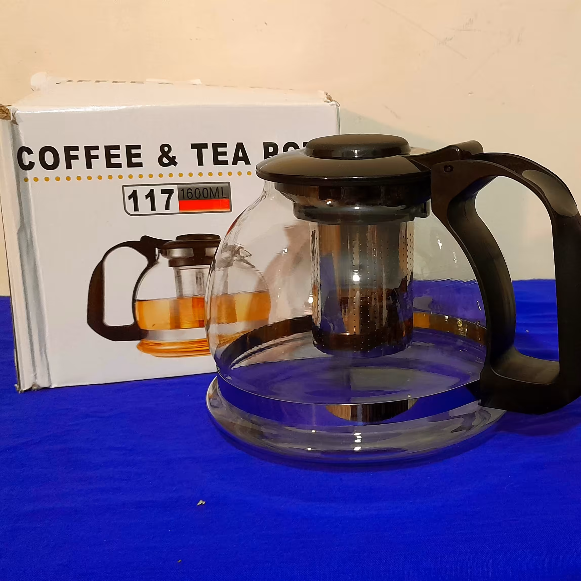 قوری پیرکس1600 میلی شفاف گرد دسته دار با صافی چایی