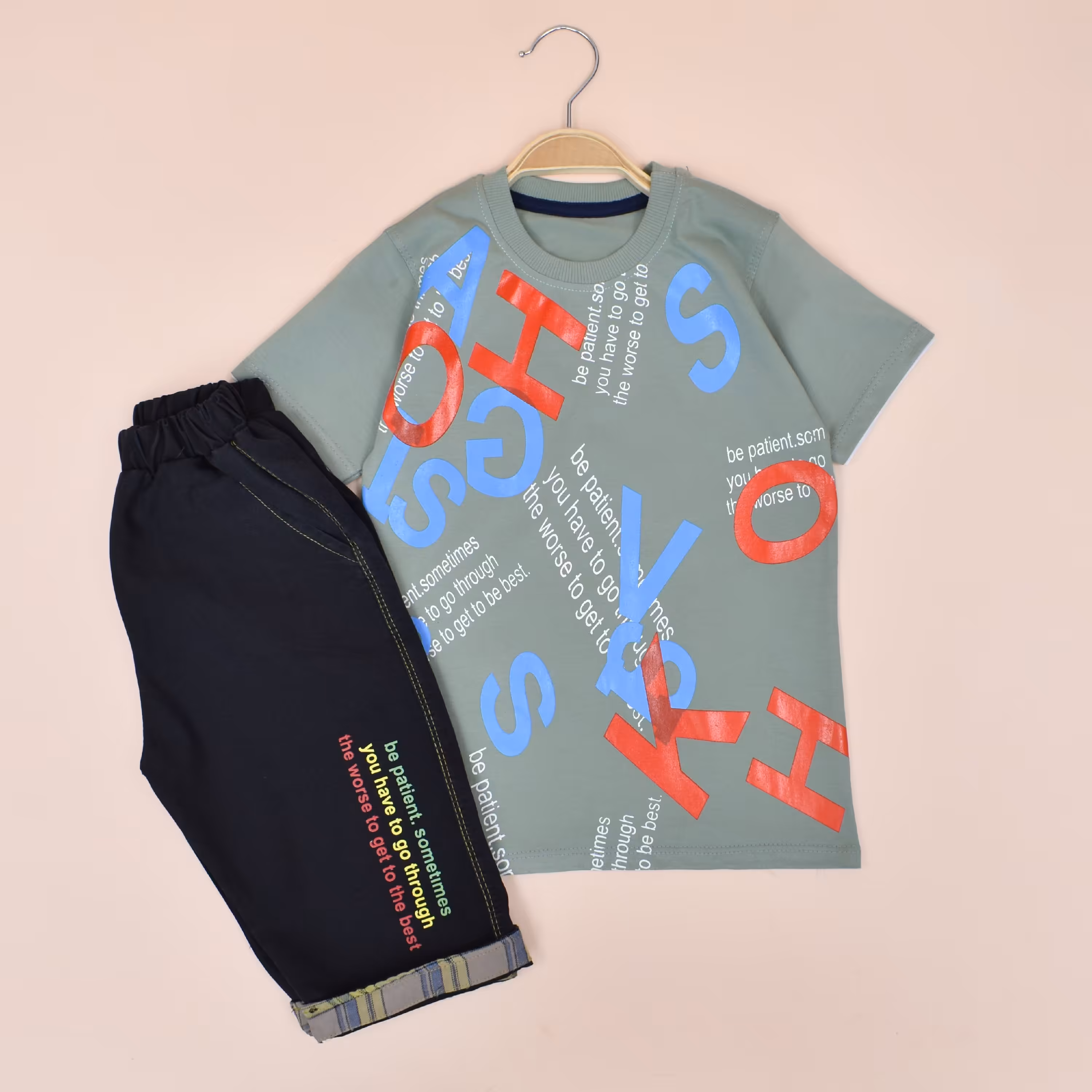 ست تیشرت و شلوارک لی پسرانه طرح حروف انگلیسی کیفیت عالی 