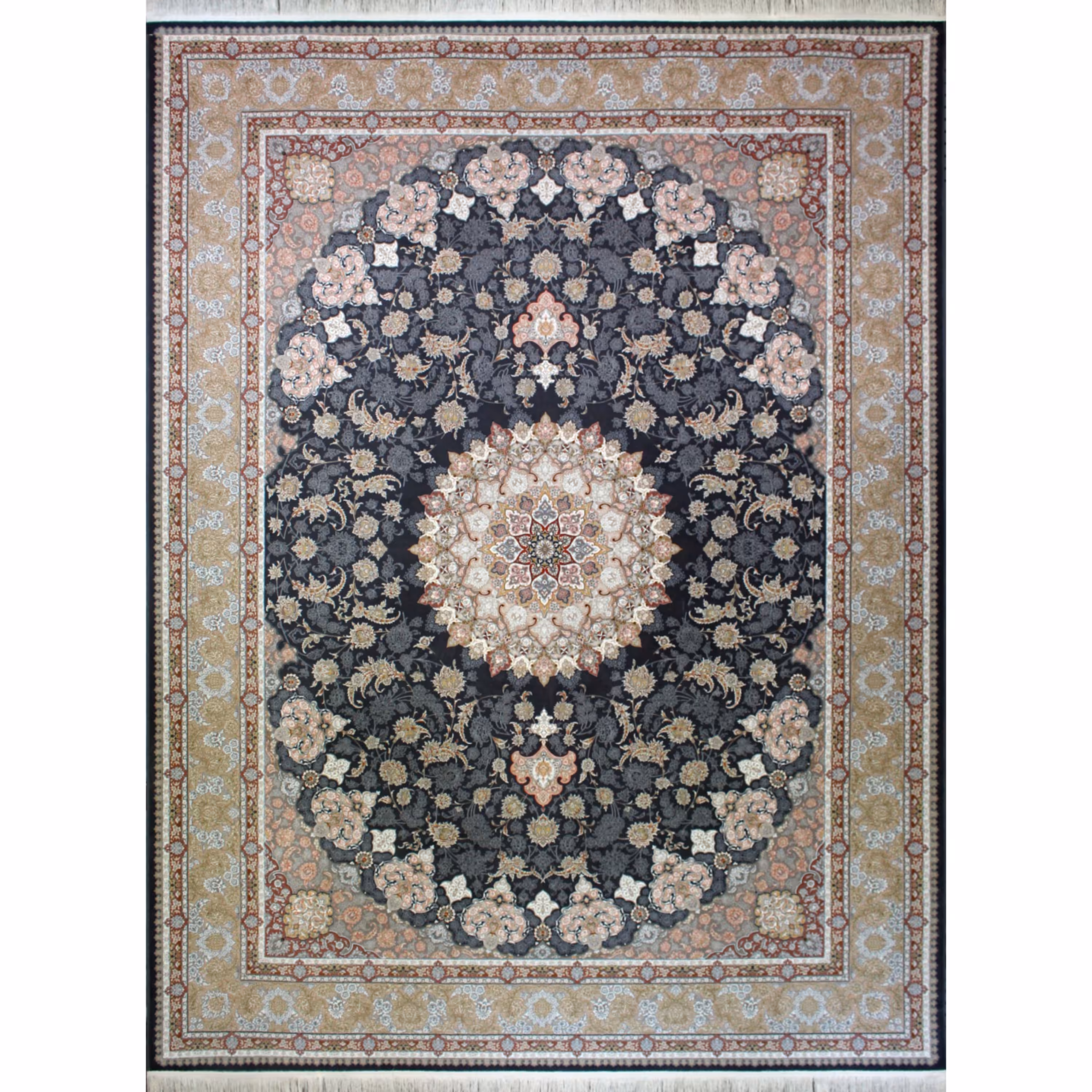 فرش ماشینی افرند 1500 شانه گل برجسته زمینه آبی خاکستری کد 55017 (دوازده متری)