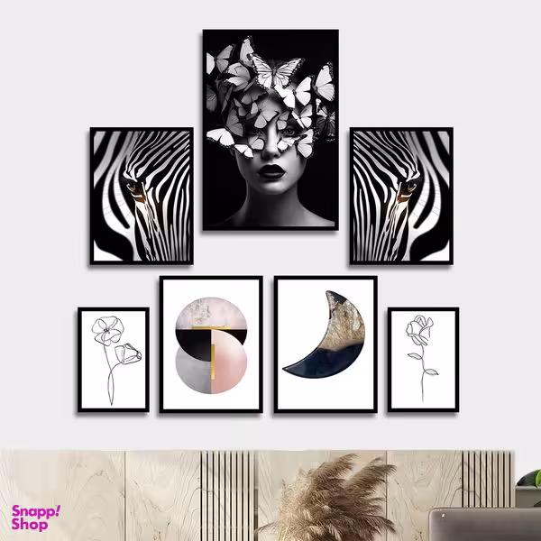 تابلو بکلیت طرح ترکیبی مدرن مینیمال و چهره و زبرا مدل B-1778 مجموعه 7 عددی