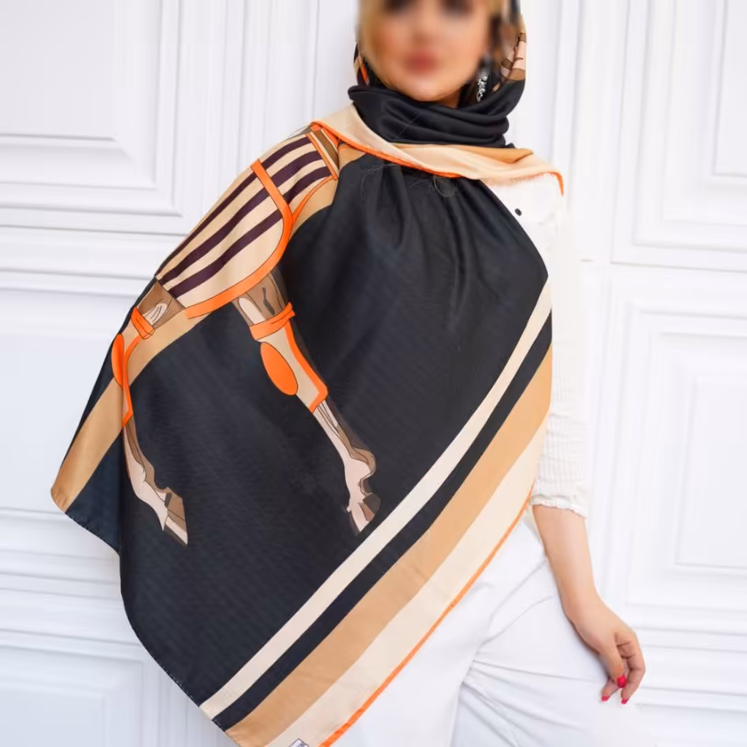 فروش ویژه روسری نخی کشمیر قواره 140 ارسال رایگان طرح اسب مشکی کرمی