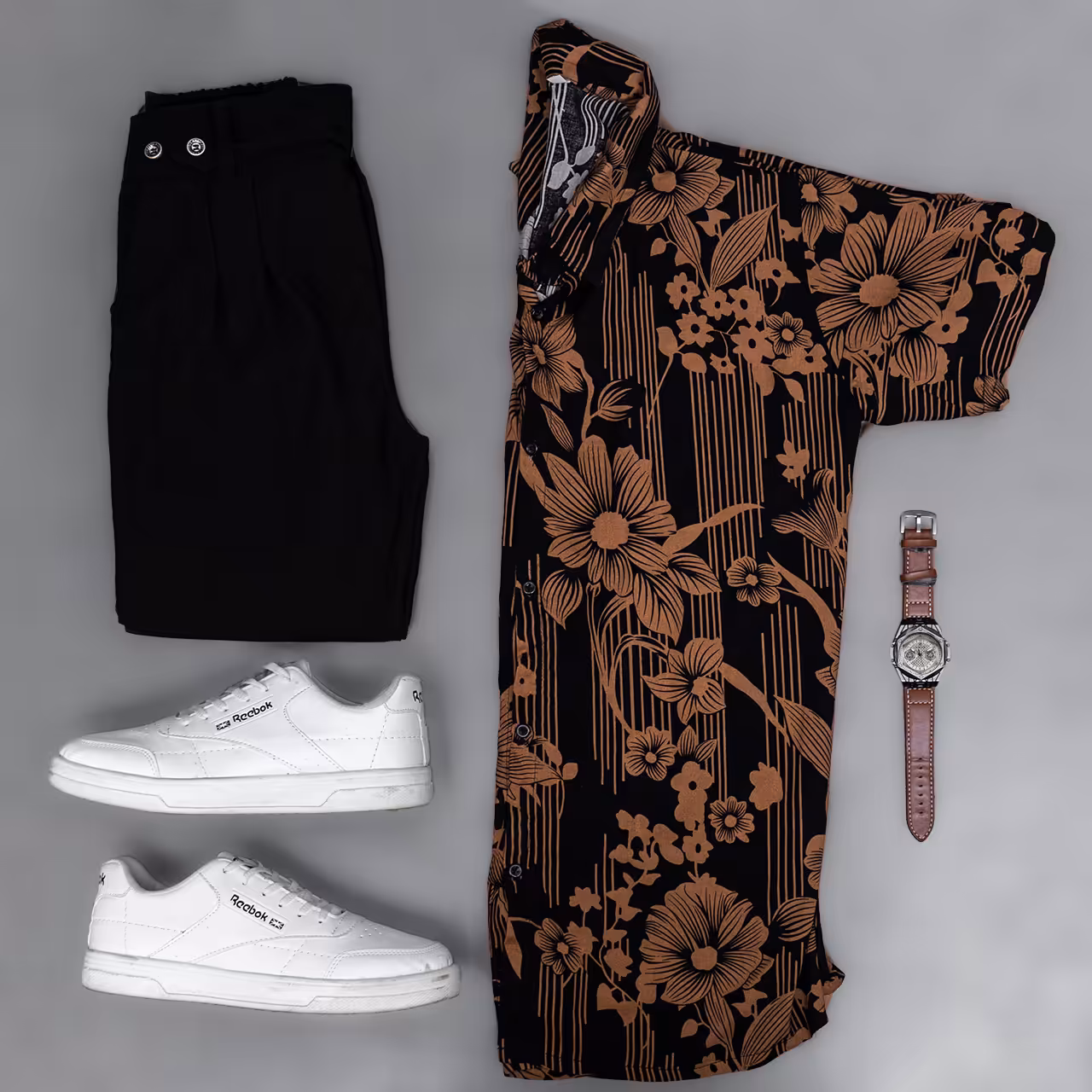 پکیج ساعت مچی Hublot قهوه ای مدل G705پیراهن هاوایی مردانه طرح گل قهوه ای مدل B72