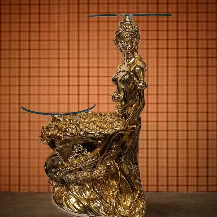 میز تلفن و دکوری دختر گلفروش دو شیشه آبکاری طلا عالیجناب | amazonchi