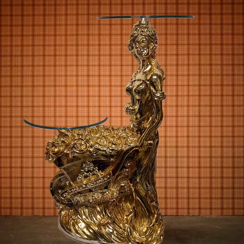 میز تلفن و دکوری دختر گلفروش دو شیشه آبکاری طلا عالیجناب | amazonchi