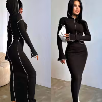 پیراهن بلند کلاهدار رگه دوزی شده