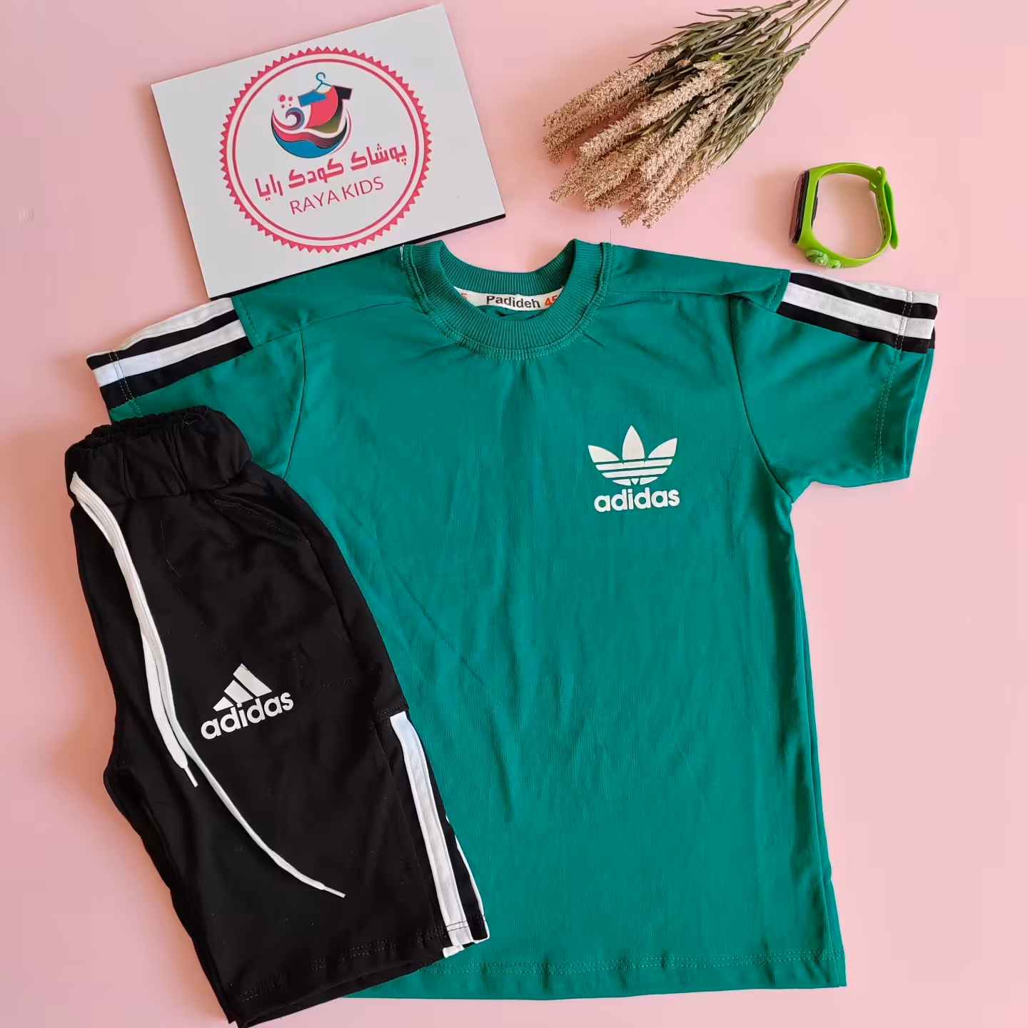 تیشرت وشلوارک اسپورت آدیداس سبز جنس نخ پنبه لطیف و راحت