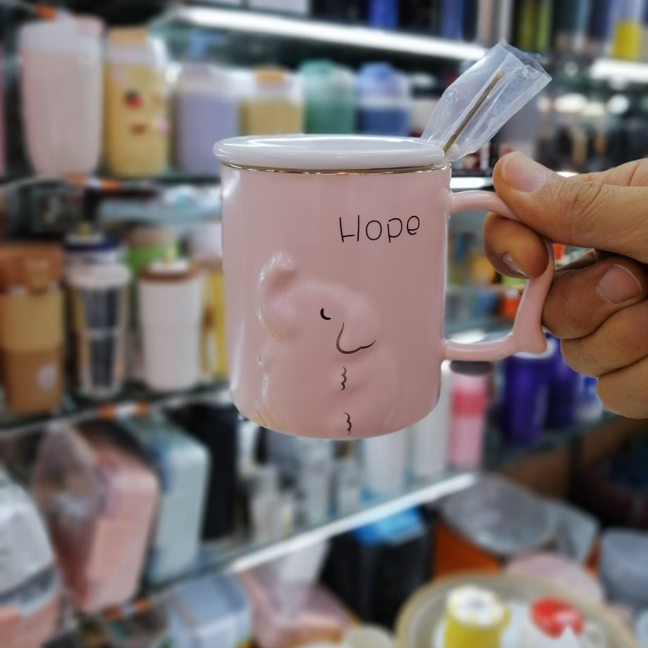 ماگ سرامیکی خارجی درب بامبو قاشق دار فیلی صورتی لیوان