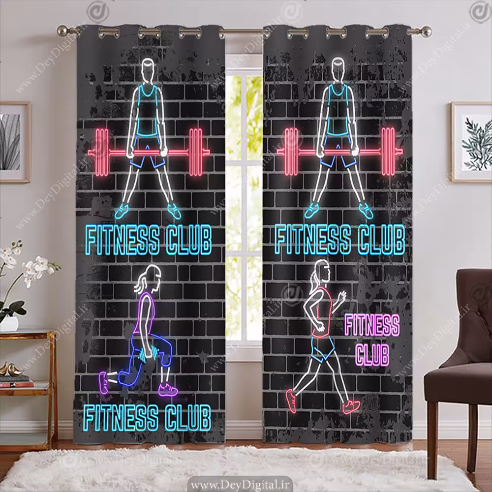 پرده چاپی باشگاه بدنسازی طرح نئونی با زمینه آجر مشکی و عنوان کلوپ فیتنس BA-7621-s