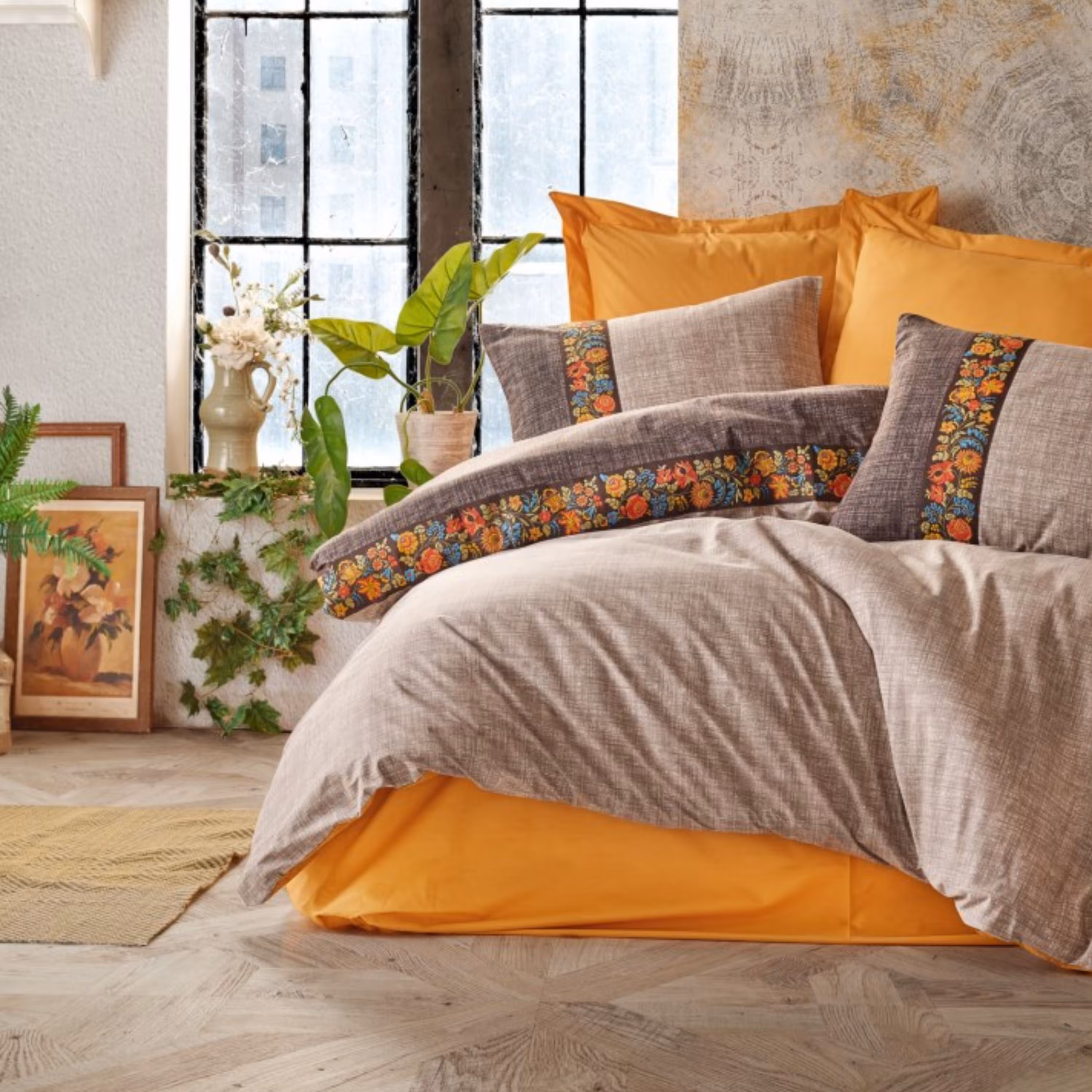 ست ملحفه کاتن باکس مدل Folk Art Vizon  دو نفره 4 تکه