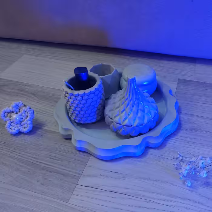 ست سنگ مصنوعی 5 تکه بنفش خاکستری شامل سینی قندون جا جواهری و جا شمعی