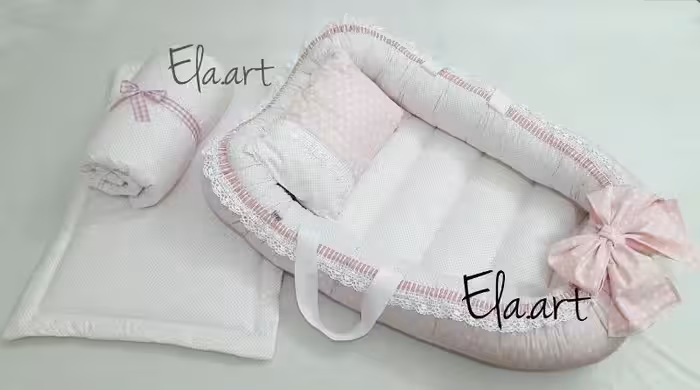 ست تشک 4 تکه با گیپور elaart  رنگ صورتی ملایم