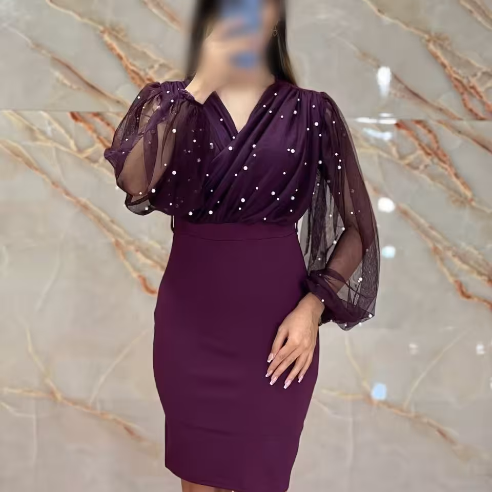 پیراهن مجلسی کوتاه زنانه کرپ کش و تور و مروارید 38 تا 46