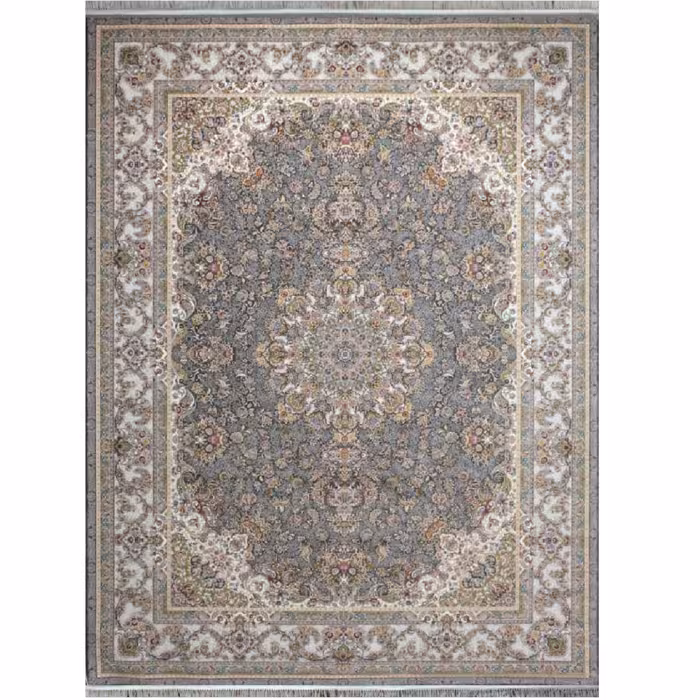 فرش ماشینی افرند 1200 شانه گل برجسته زمینه دودی کد 2244 (نه متری)
