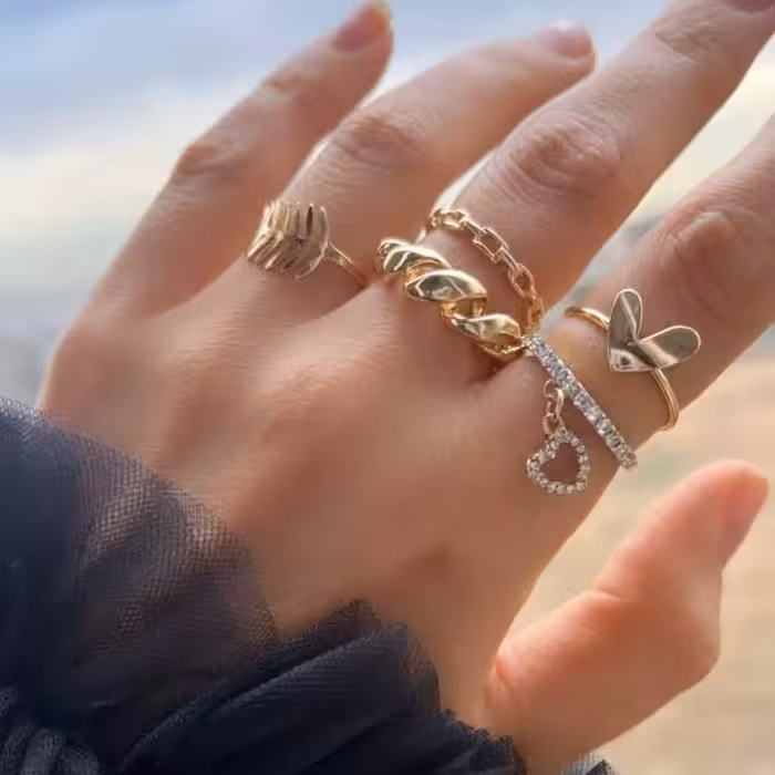 پک انگشتر  چندتایی آویزدار  قلبی طلایی