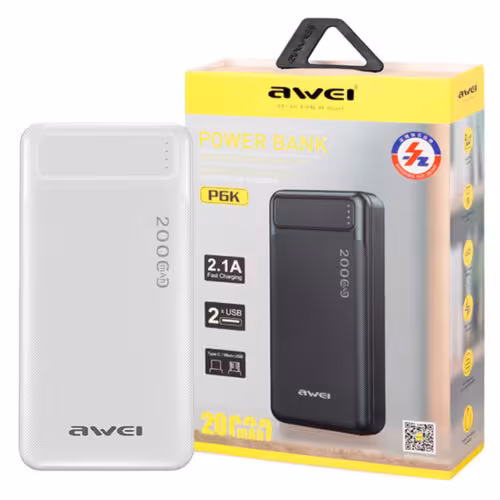 پاوربانک 20000 میلی آمپر AWEI مدل P6K رنگ سفید گارانتی 6 ماهه