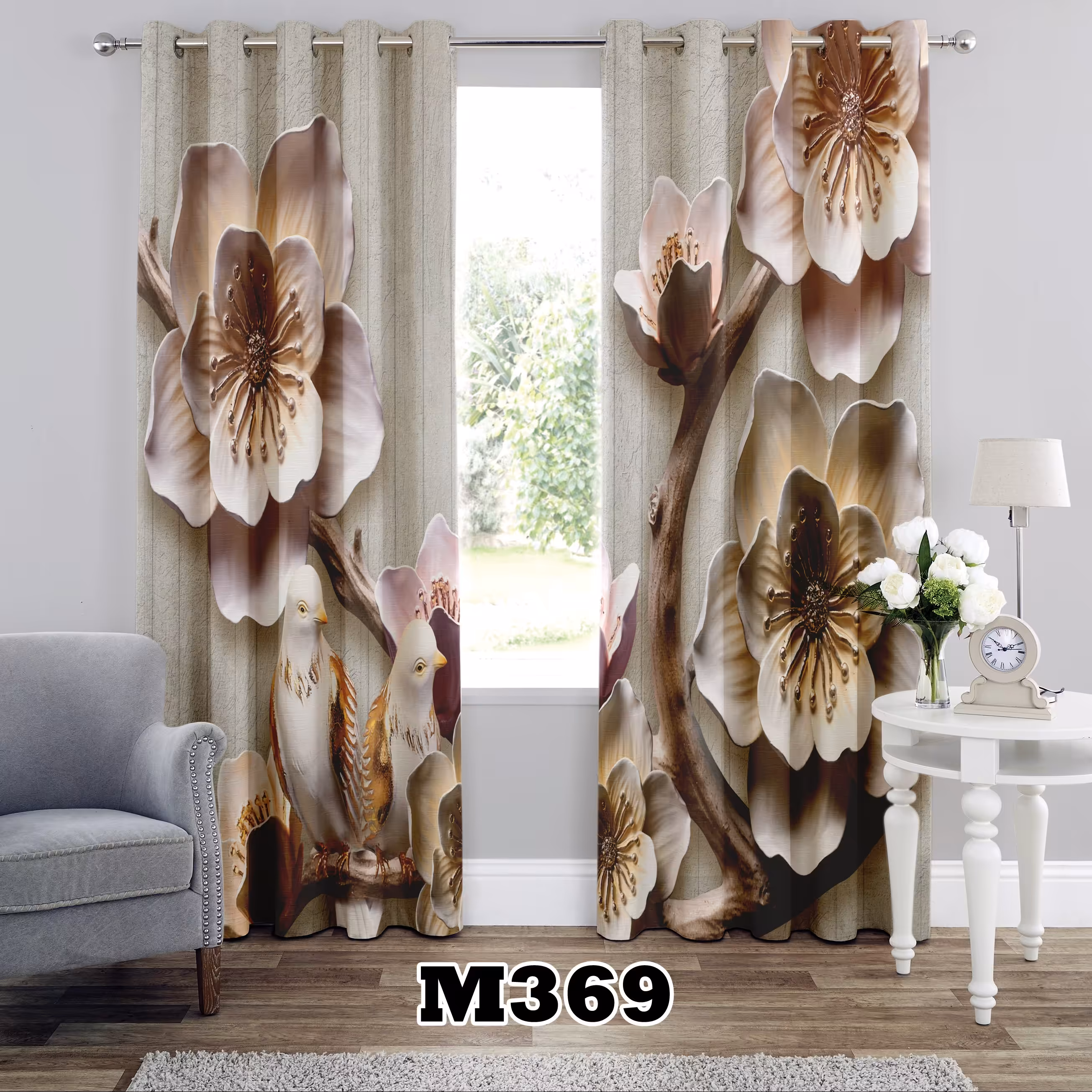 پرده چاپی طرح گل سه بعدی کد M369 تک قواره ارتفاع 300 عرض 140 سانت