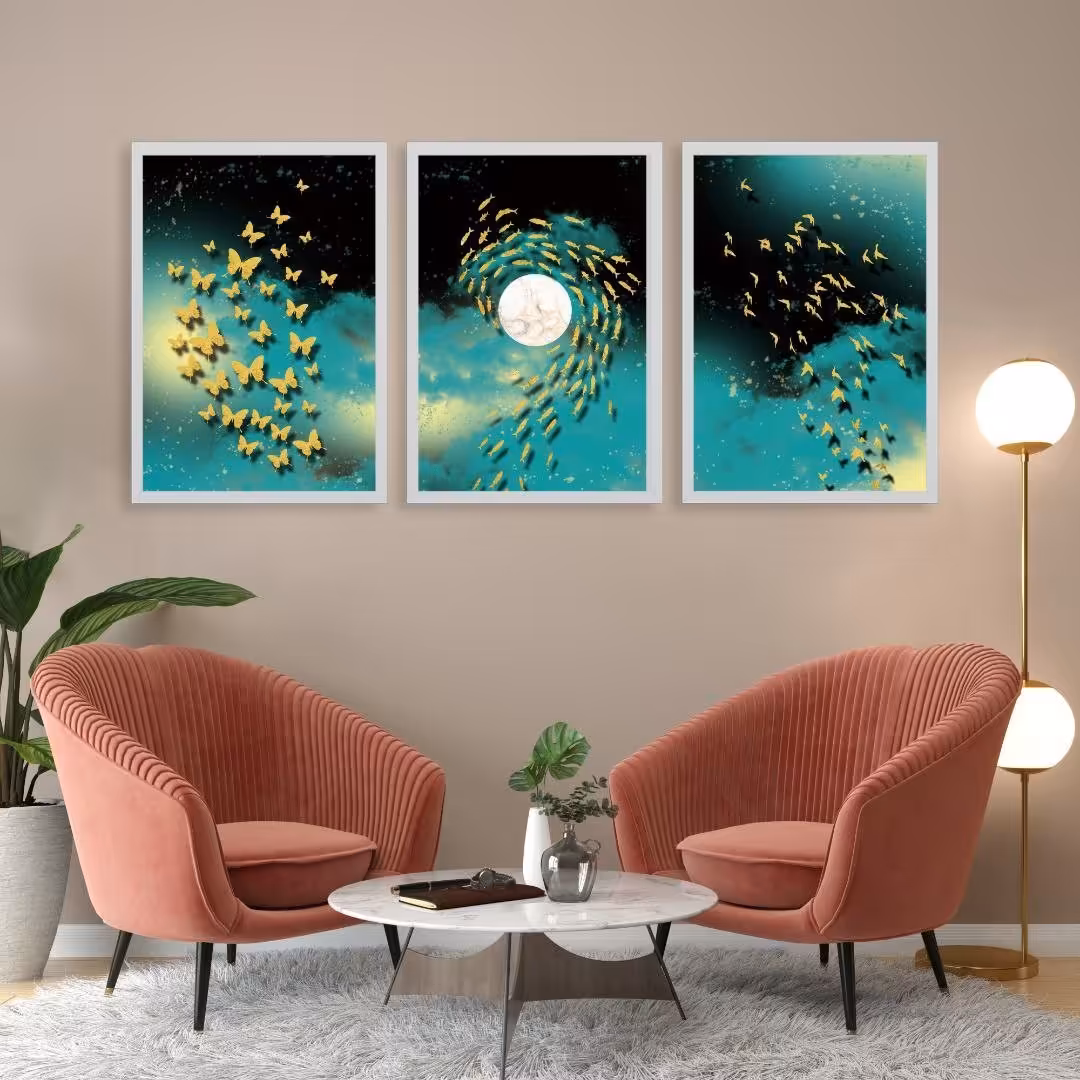 تابلو دکوراتیو فانتزی ماه وپرنده وپروانه وماهی سه تکه 