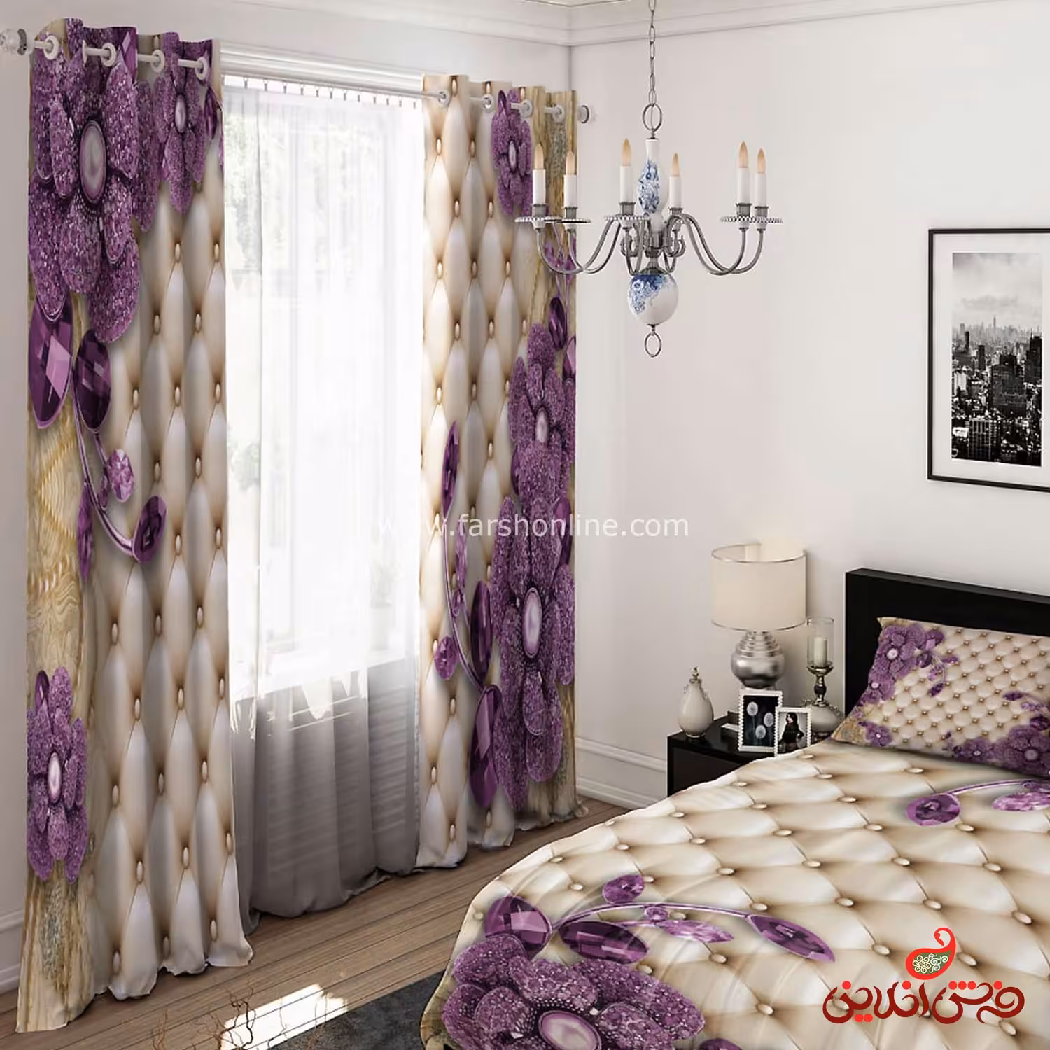 پرده 2 عددی کد 15453/1 طرح گل‌های بنفش