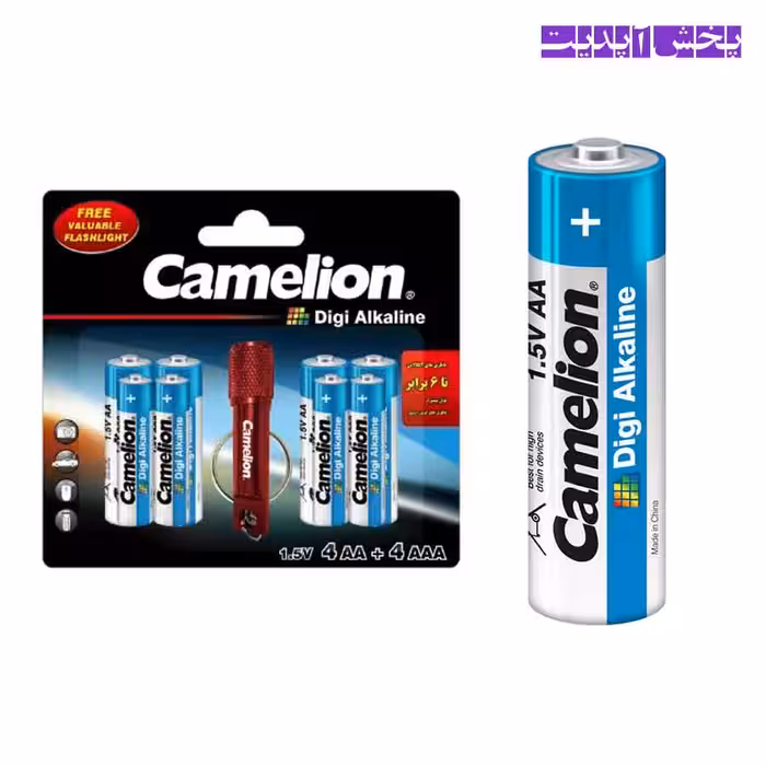 باتری قلمی و نیم قلمی کملیون Camelion مدل آلکالاین مجموعه 8 عددی به همراه چراغ قوه