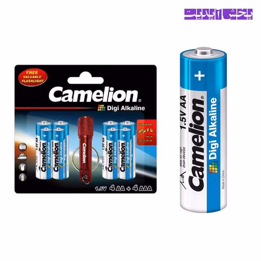 باتری قلمی و نیم قلمی کملیون Camelion مدل آلکالاین مجموعه 8 عددی به همراه چراغ قوه