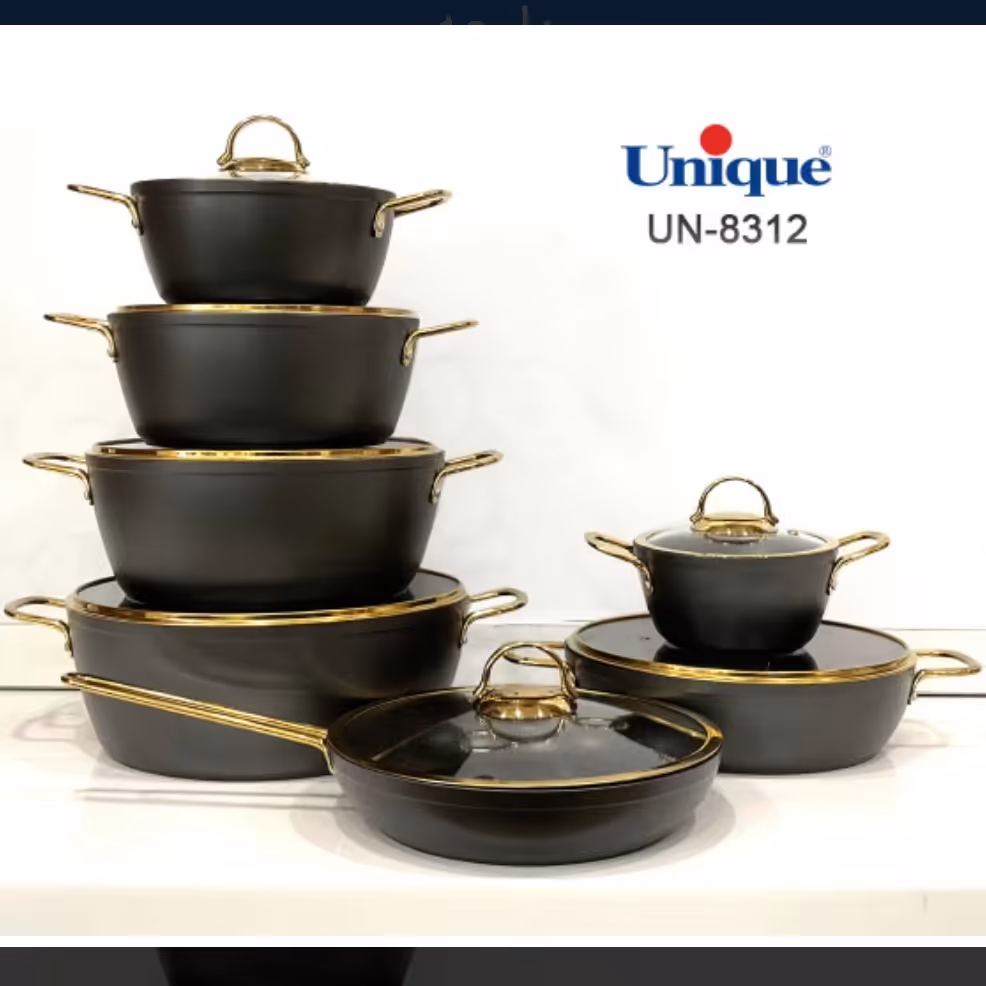 سرویس قابلمه یونیک 14پارچه طوسی درب منحنی طلایی کد 8312

