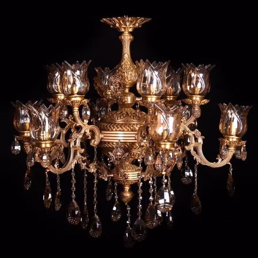 لوستر  برنزی دوگل بزرگ سه طوق در شش شاخه و12شعله با رنگ  آنتیک 