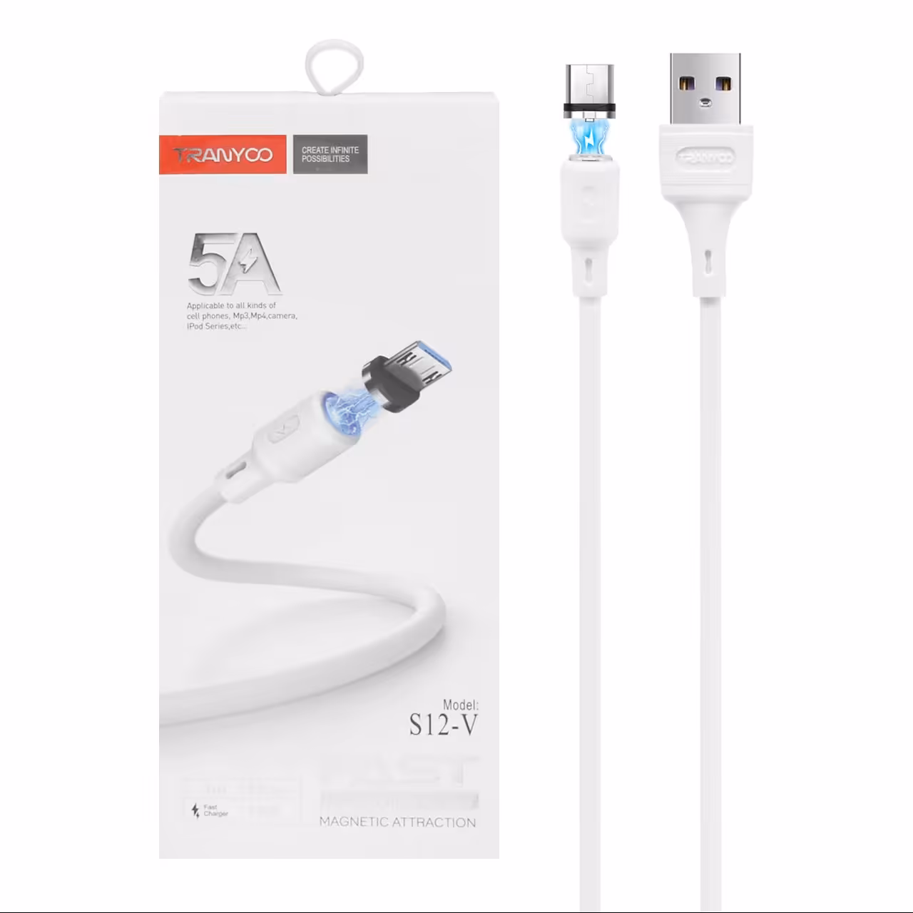  کابل شارژ فست مگنتی اندروید TRANYOO مدل S12-V - سفید کد2112