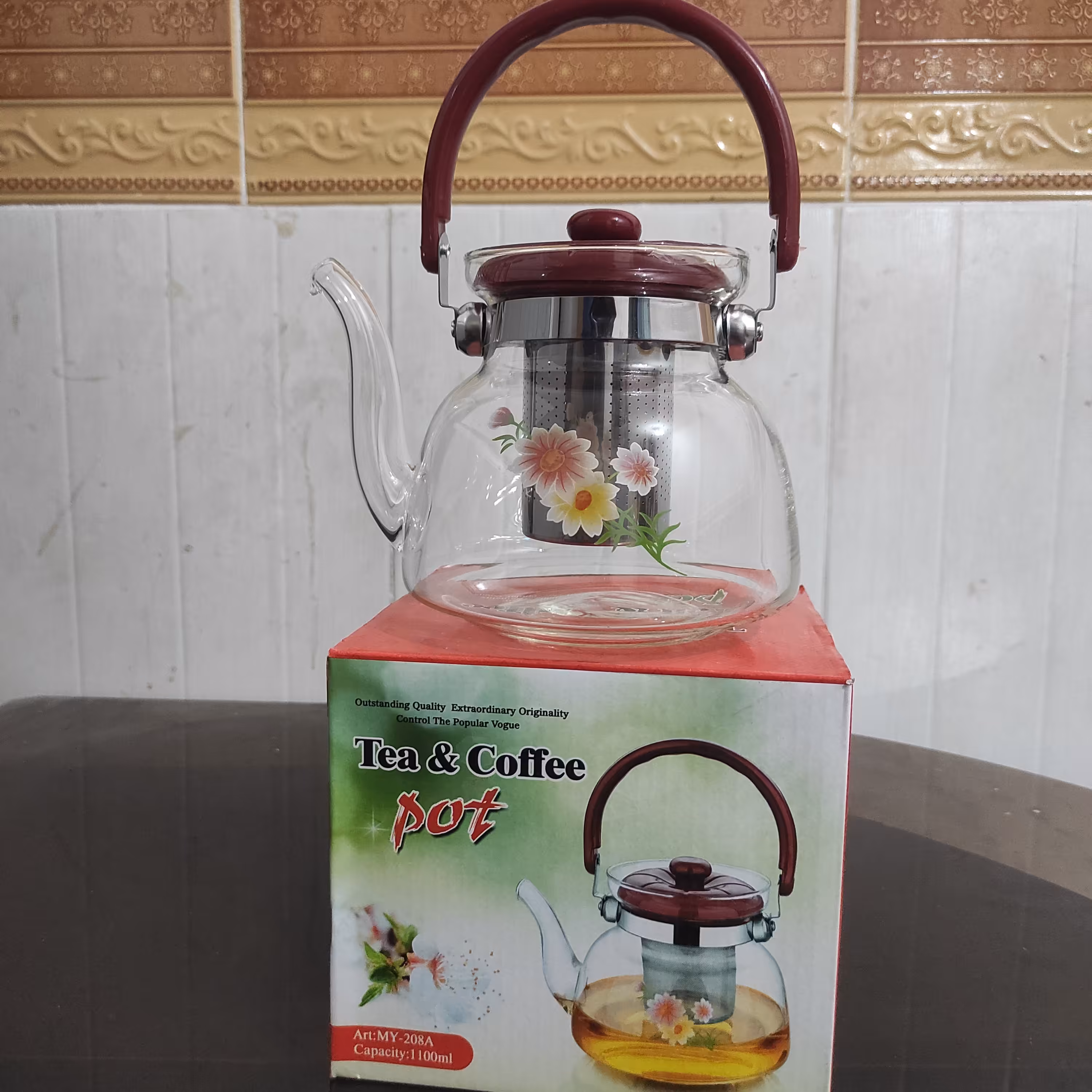 کتری شیشه ای گلدار