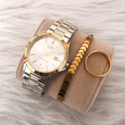 ست ساعت مردانه مارک کاسیو بنداستیل دو رنگ صفحه نقره ای