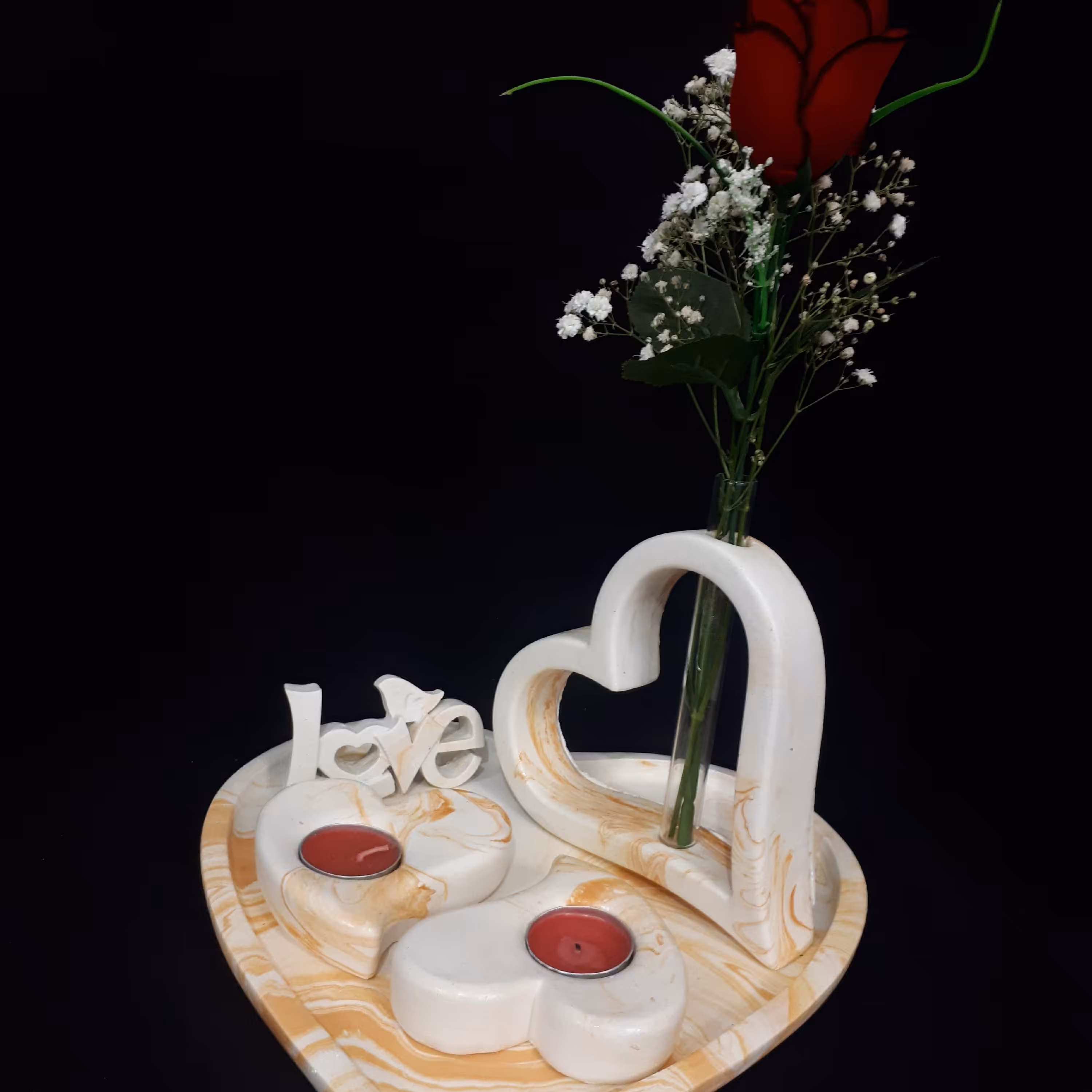 اکسسوری سنگی،سینی و جاشمعی و گلجا قلب و لاو سنگی، 6 تیکه، رنگ خردلی، سینی 25 در 25 و جاوارمری ها 10 سانتی، گلجا 15 سانتی